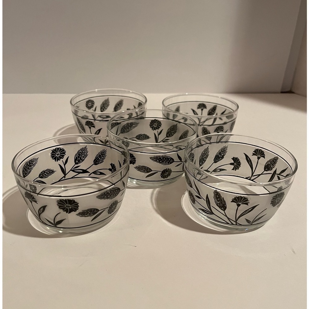 Vintage Libby Frost Dessert/ Snack Bowls Glass Wildflower/ Wheat Set of 5